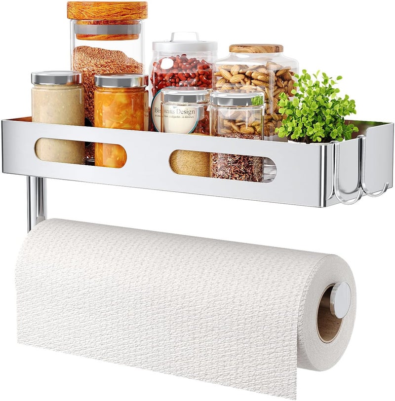 EffiJoy Paper Towel Holder Wall Mount for Bathroom, Paper Towel Holder with Shelf for Kitchen, RV Paper Towel Rack Stainless Steel, Silver - Image 1